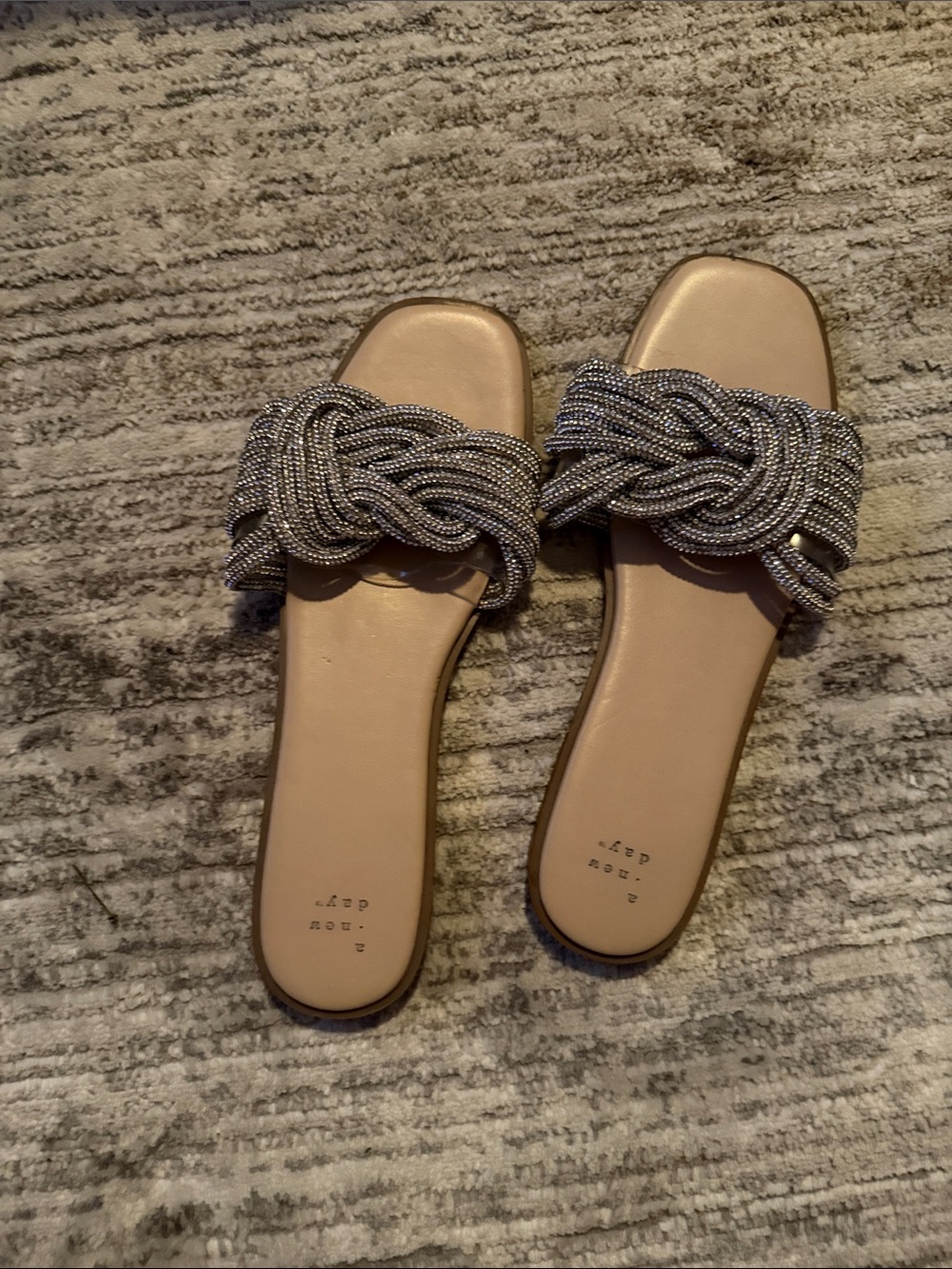 a new day Silver Braided Slide Sandals with Tan Footbed